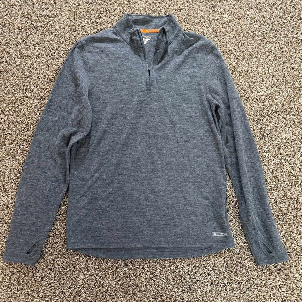 Omni Wool Mens Large Gray‎ Quarter Zip Pullover Thumbholes Wool Blend Base Layer